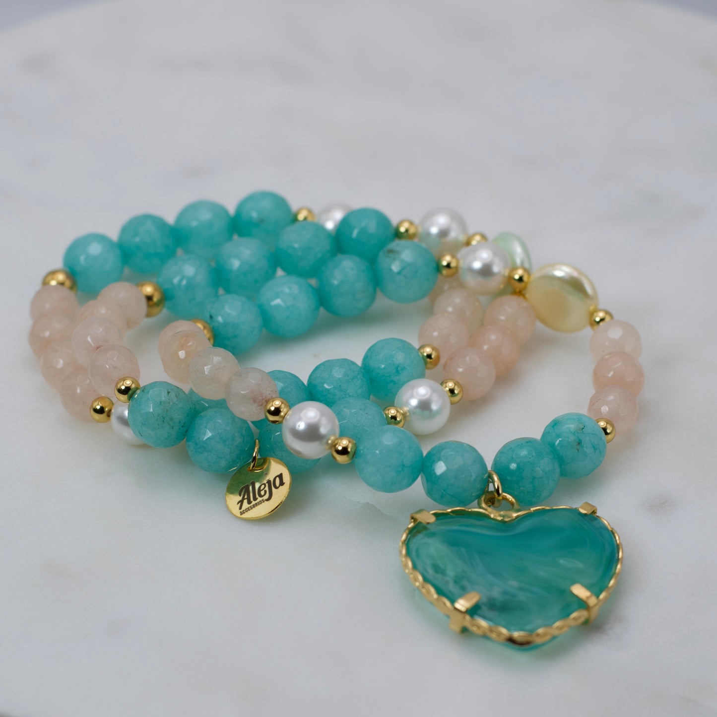 Trío de Pulseras Corazón de Murano Turquesa