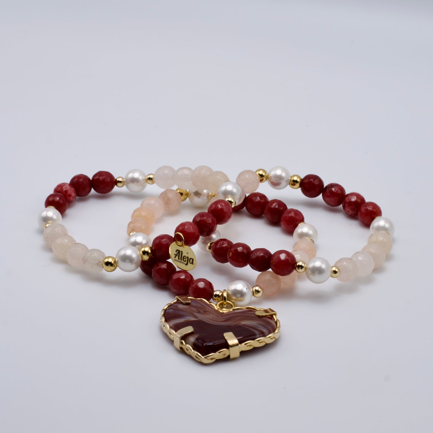 Trío de Pulseras Corazón de Murano Vino Marmoleado