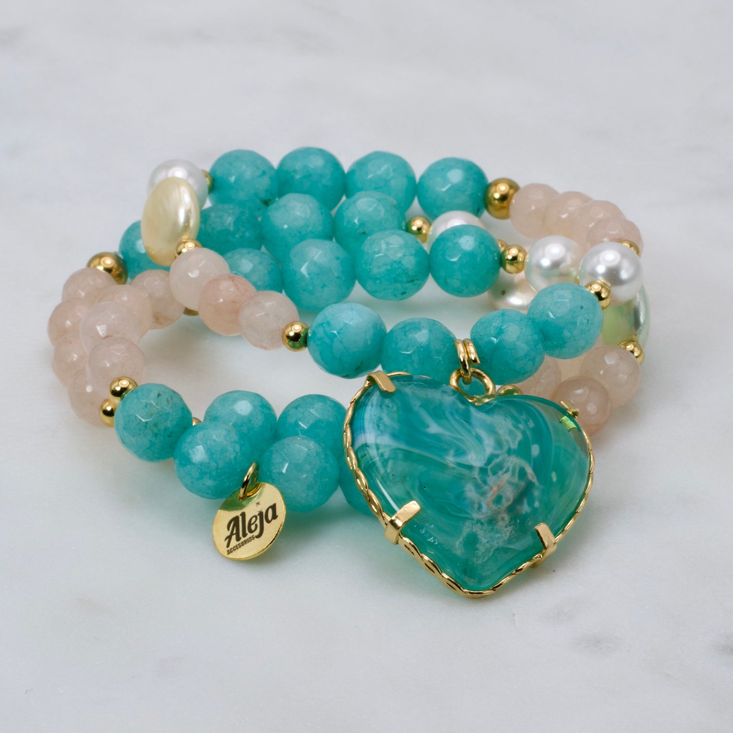 Trío de Pulseras Corazón de Murano Turquesa