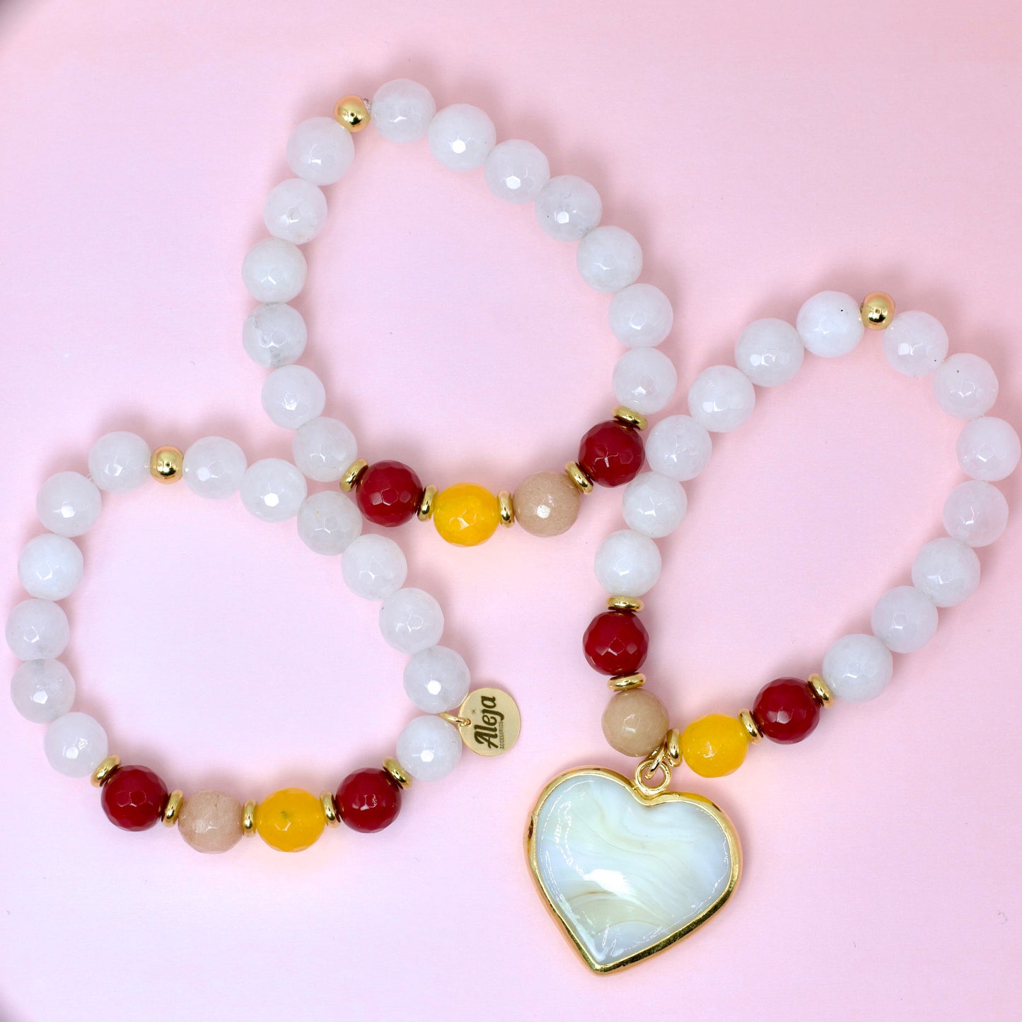 Trío de Pulseras Corazón de Murano Blanco Hueso