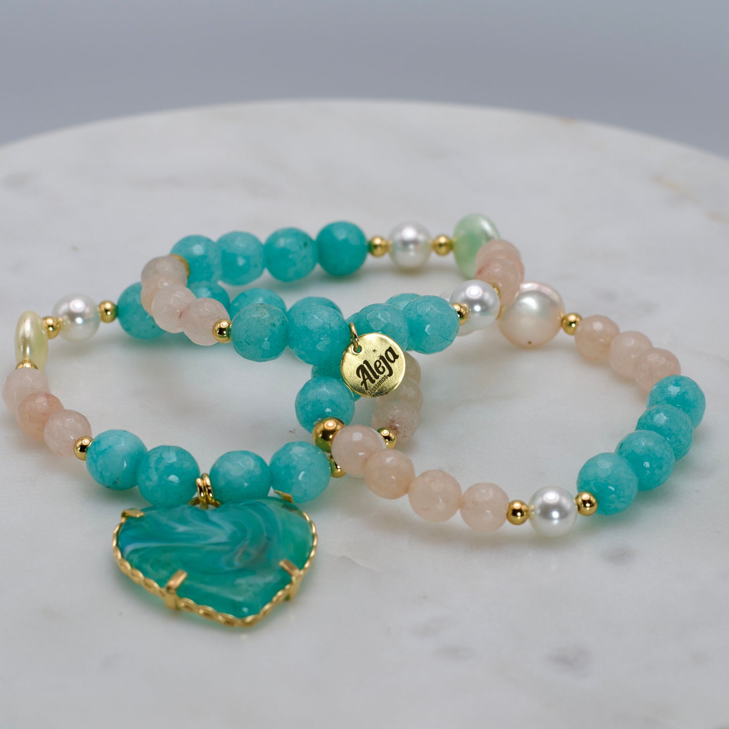 Trío de Pulseras Corazón de Murano Turquesa
