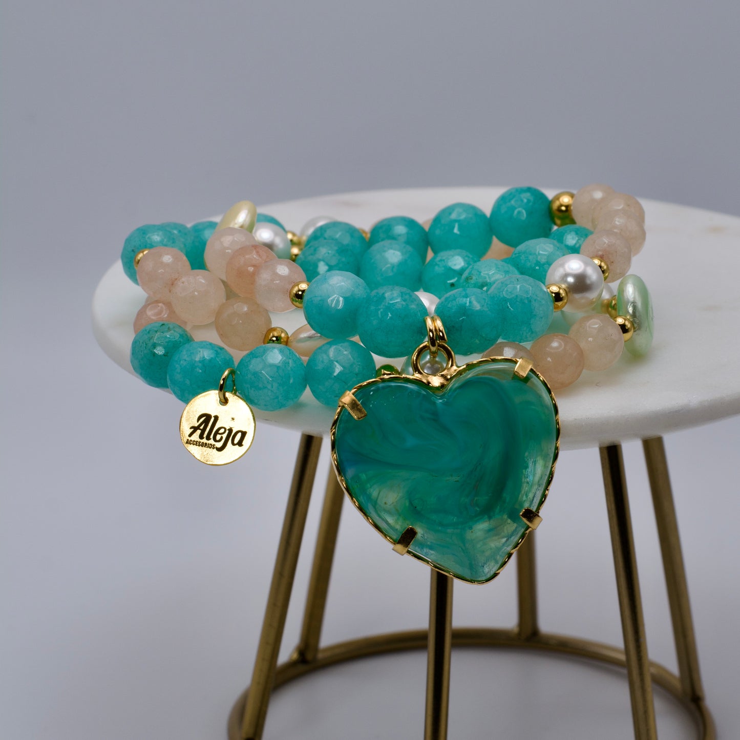 Trío de Pulseras Corazón de Murano Turquesa