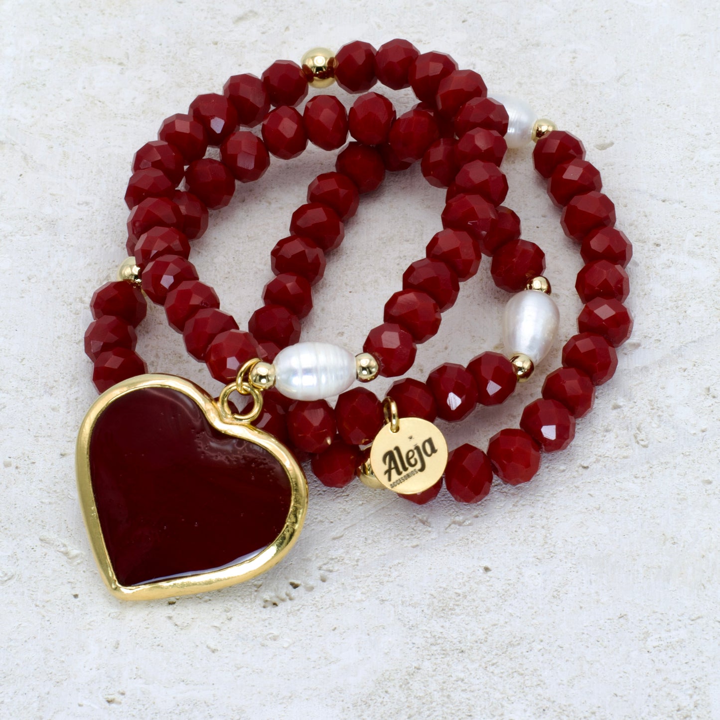 Trío de Pulseras Corazón Murano Rojo Oscuro
