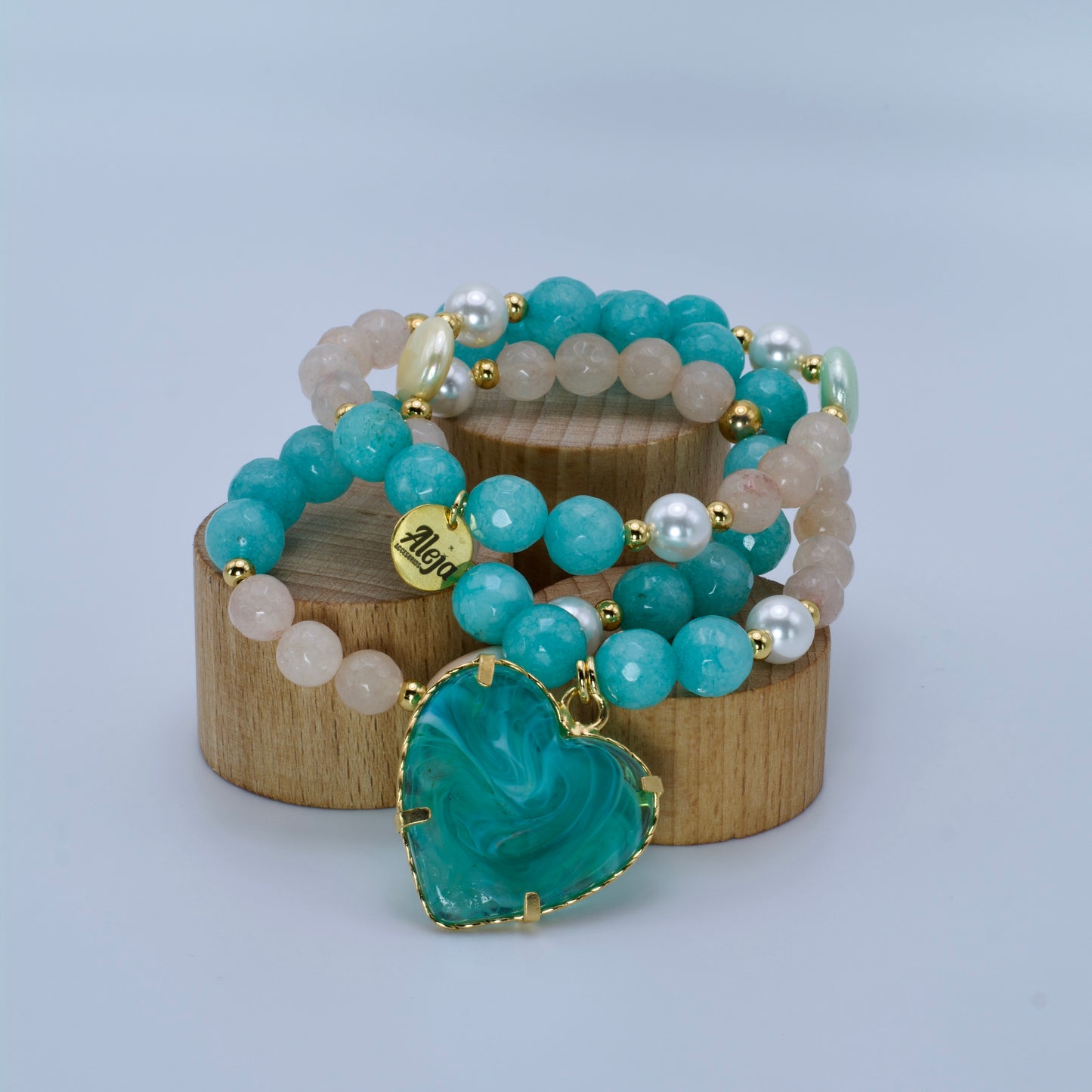 Trío de Pulseras Corazón de Murano Turquesa