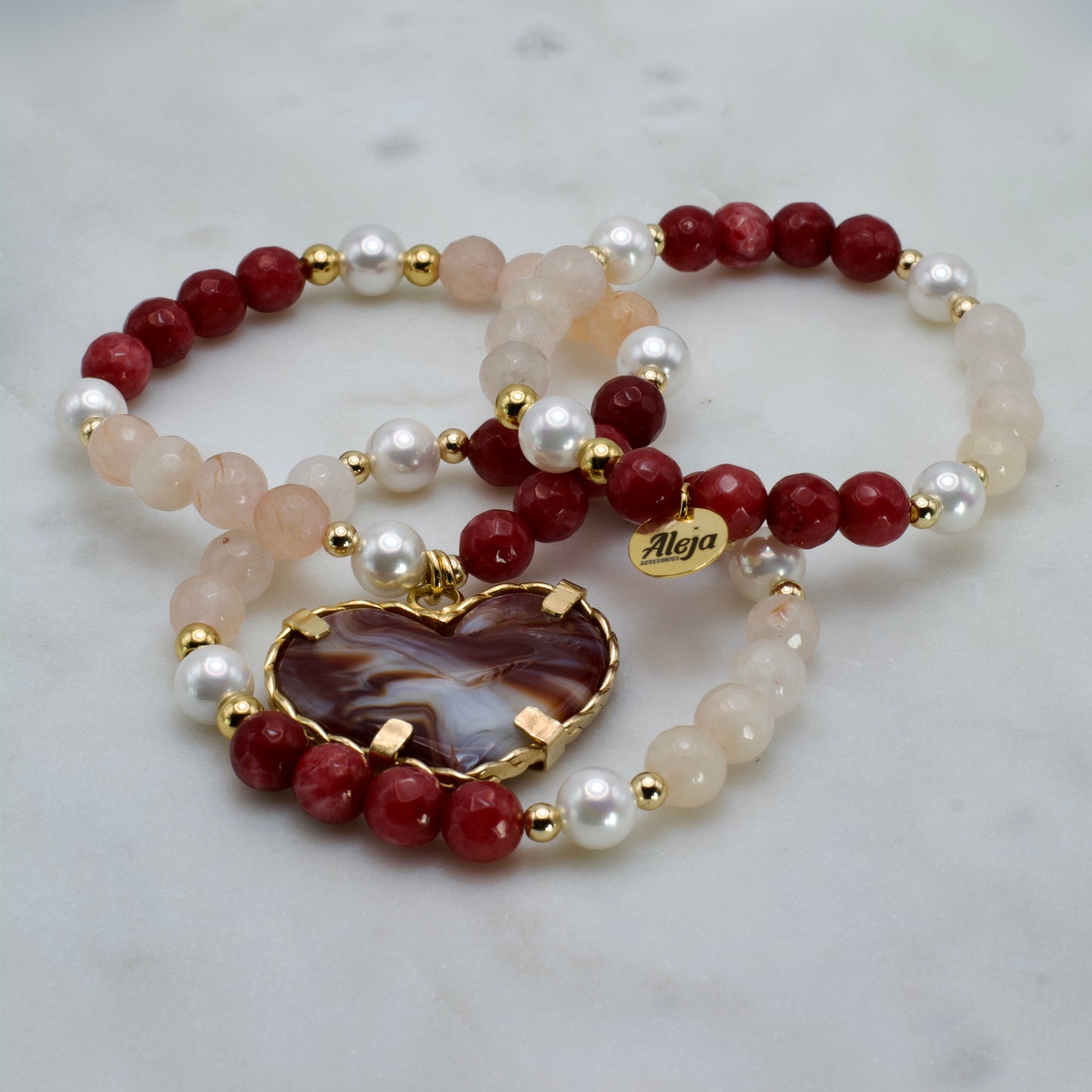 Trío de Pulseras Corazón de Murano Vino Marmoleado