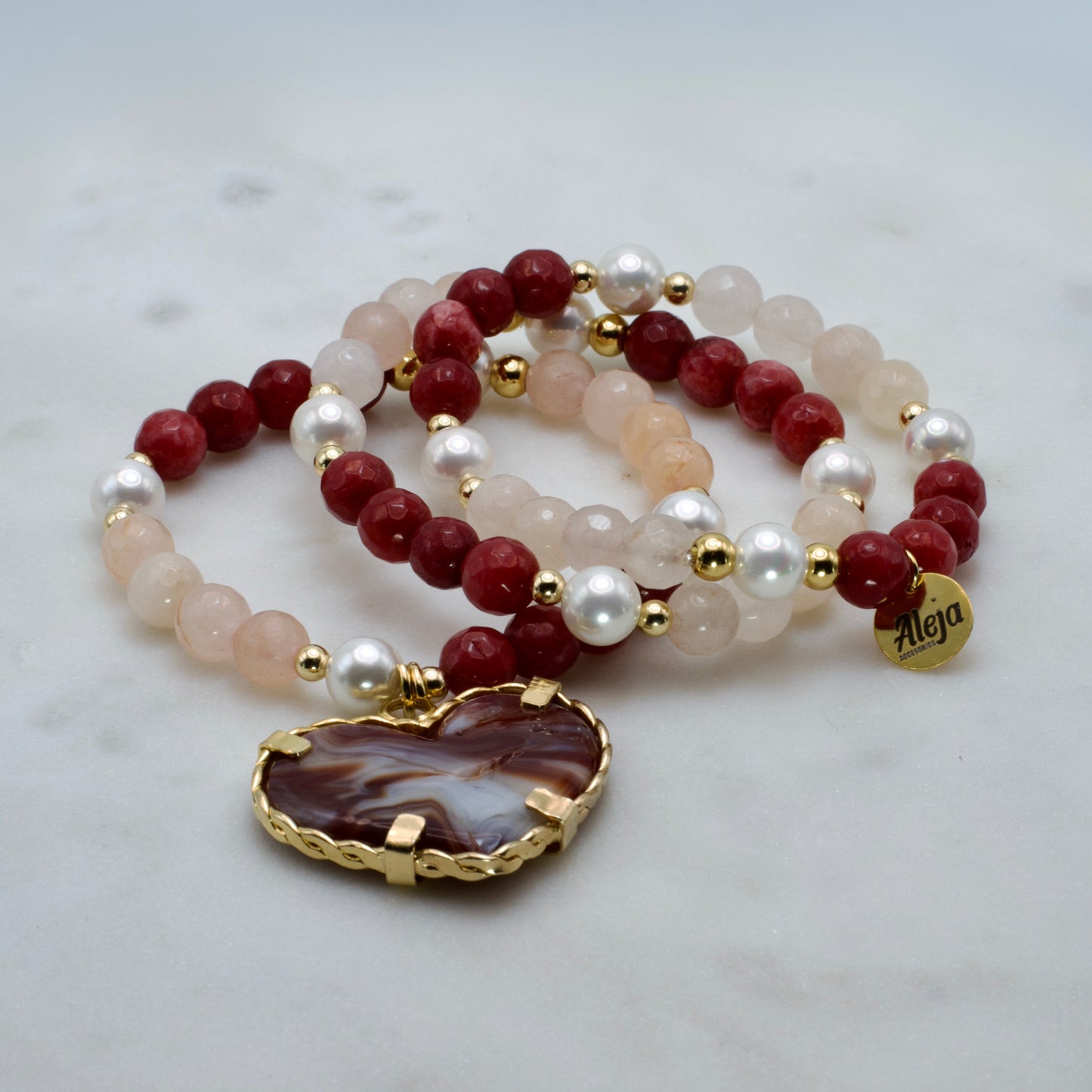 Trío de Pulseras Corazón de Murano Vino Marmoleado