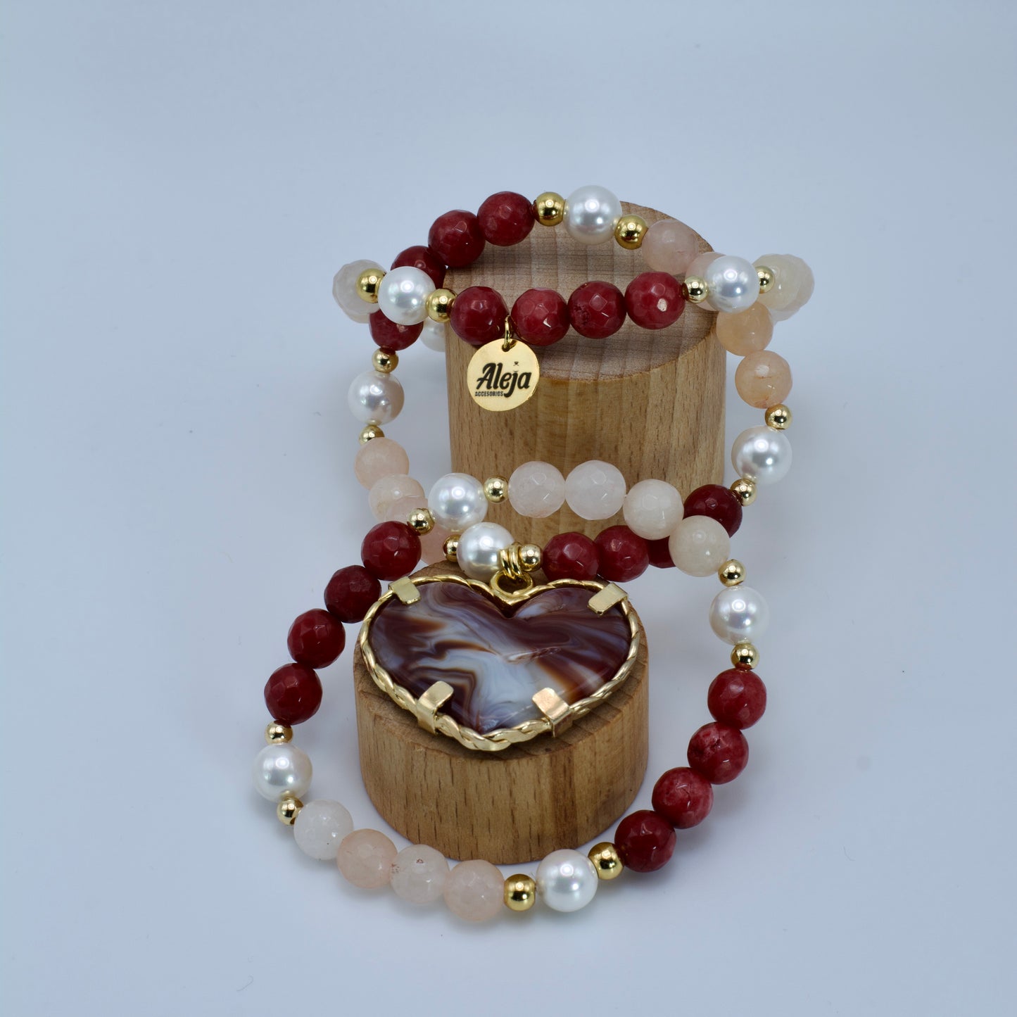Trío de Pulseras Corazón de Murano Vino Marmoleado