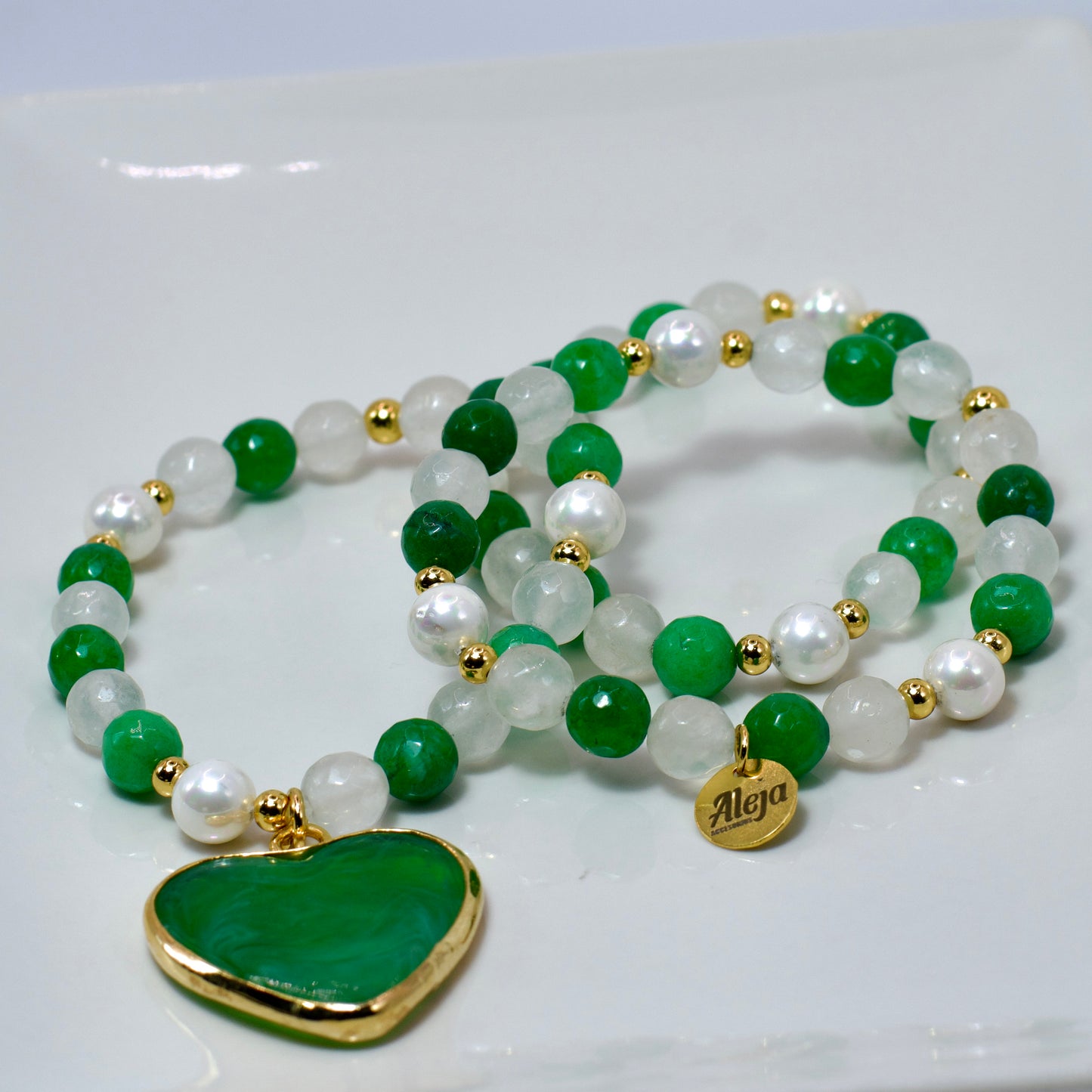 Trío de Pulseras Corazón de Murano Verde