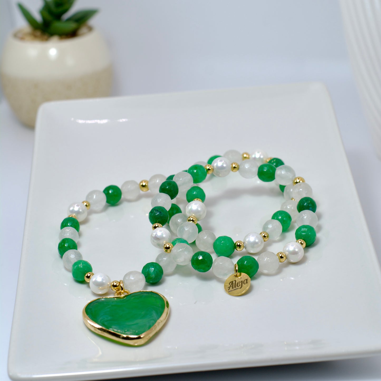 Trío de Pulseras Corazón de Murano Verde