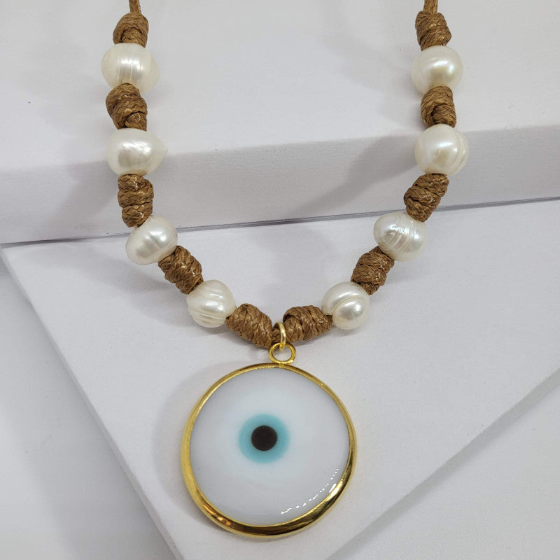 Collar de Hilo Encerado Marrón y Perlas Cultivadas con Ojo Turco de Murano (Blanco)