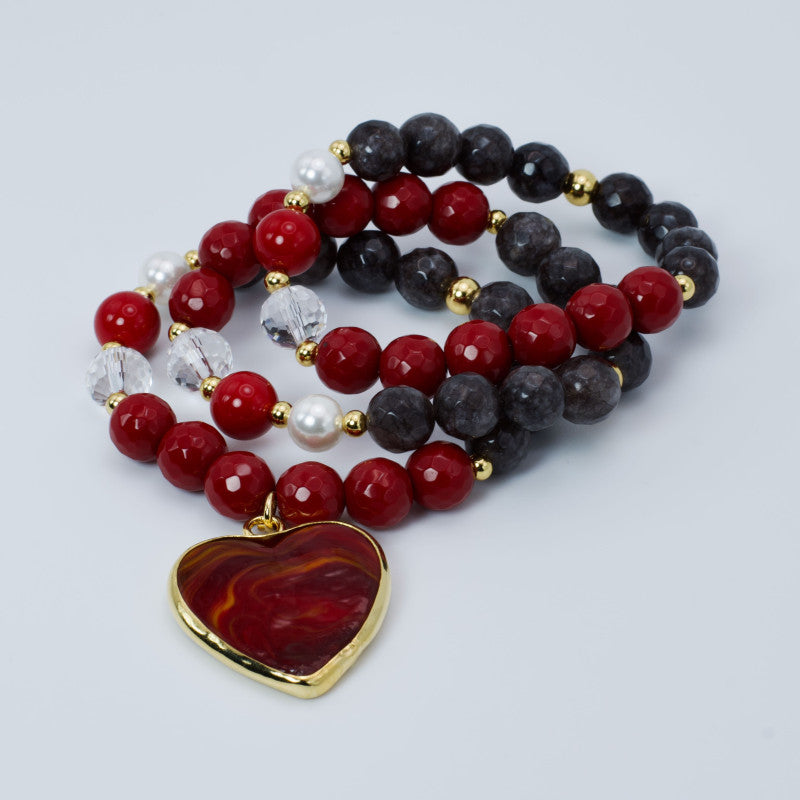 Trío de Pulseras de Ágatas Rojas y Marrones, Perlas Cultivadas con Corazón de Murano Rojo