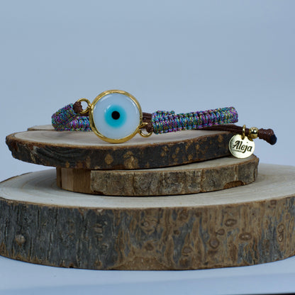 Pulsera de Ojo Turco  con Tejido en Macramé Metalizado