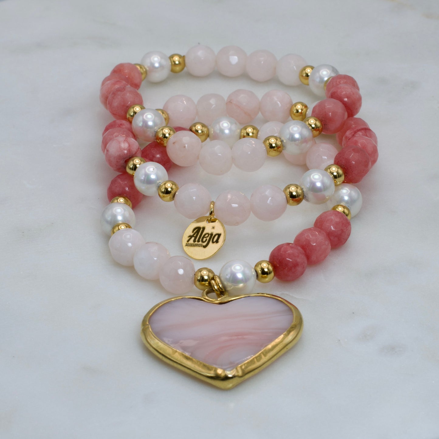 Trio of Pink Murano Heart Bracelets