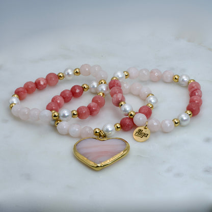 Trio of Pink Murano Heart Bracelets