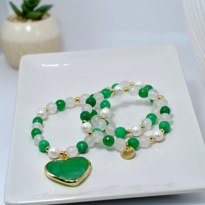 Trío de Pulseras Corazón de Murano Verde
