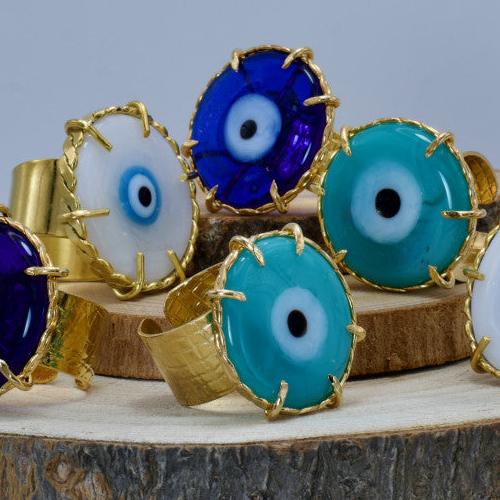 Anillo Ojo Turco de Murano en Baño de Oro (Blanco/Azul/Turquesa)